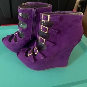 Purple Suede Wedge Booties with Buckle Accents